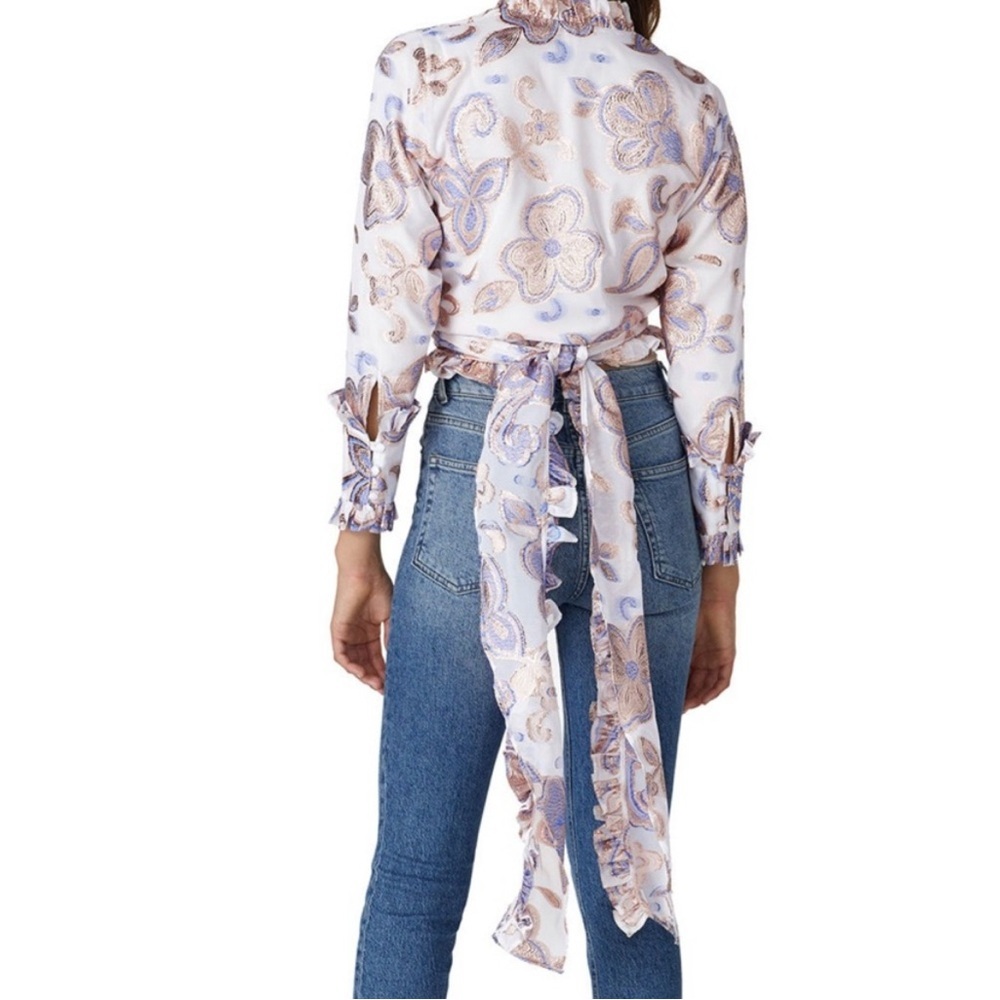 Alexis Pink Paisley Satin Ruffle Tie-Front Blouse - Picture 2 of 11